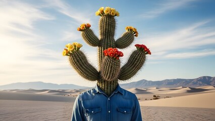 Surreal Conceptual Portrait of a Human Figure with Flowering Cactus Head in Desert Landscape, Botanical Transformation Concept