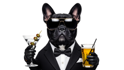 A sophisticated black french bulldog in a tuxedo and sunglasses holds a martini and a beer isolated on transparent background