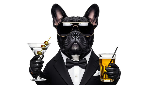 A sophisticated black french bulldog in a tuxedo and sunglasses holds a martini and a beer isolated on transparent background