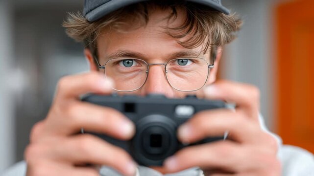 Young man with glasses and cap holding camera, preparing to take a photograph, showcasing focused expression and steady hands while capturing a moment in a bright indoor environment