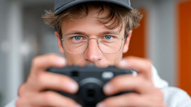 Young man with glasses and cap holding camera, preparing to take a photograph, showcasing focused expression and steady hands, capturing moments with precision and intent in a bright environment
