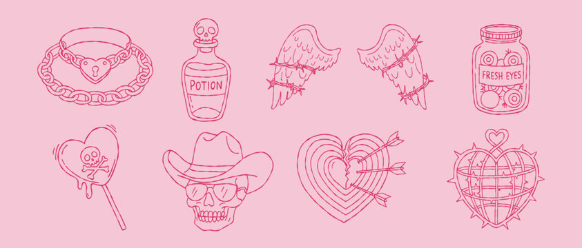 Edgy Y2K anti valentine hand drawn vector line art set with heart choker potion skull wings and broken heart for boho aesthetic grunge wall art illustration