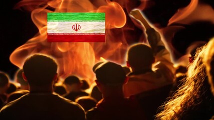 Protest in Iran 2026. Anti-government protests in Iran. Flame and flag background. Abstract people