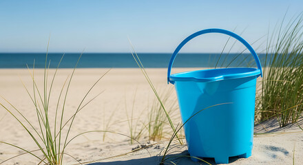 Naklejka premium A vibrant blue bucket sits on a sandy beach, highlighting a perfect day for seaside fun