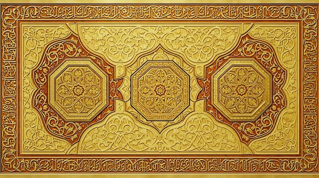 Golden Islamic Art Panel With Arabic Calligraphy And Geometric Floral Patterns. Generative AI. 
