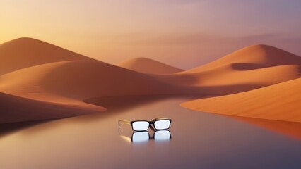 Glasses stands in a surreal landscape. Glasses stands in a surreal landscape mockup for product presentation.