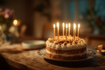 Birthday Cake with Burning Candles &mdash; Celebration and Festive Moment