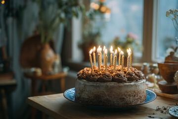Birthday Cake with Burning Candles &mdash; Celebration and Festive Moment
