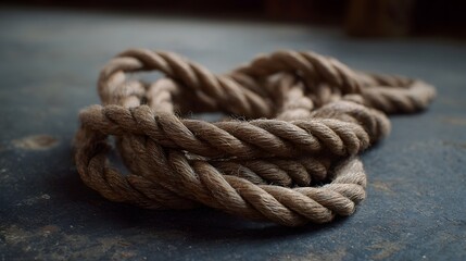 Fototapeta premium A thick natural fiber rope is coiled loosely on a dark textured surface showcasing its braided strands and rustic detail