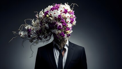 Surreal Conceptual Portrait of a Businessman with Orchid Flower Head and Exposed Roots on Dark Studio Background