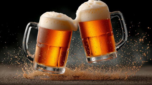 Two frosty beer mugs clinking together in celebration, golden liquid splashing, foam rising, showcasing the joy of shared moments and the excitement of a lively gathering with refreshing beverages