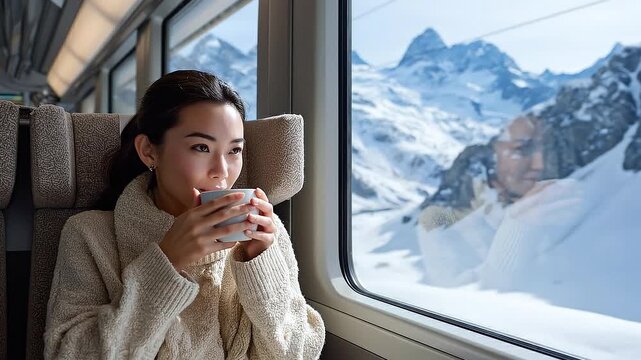 Cozy Journey: A woman, enveloped in warmth, gazes out the window of a train, a warm mug in her hands, as the stunning winter landscape unfolds before her. 
