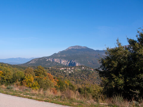 View of the village Agios Minas among the autumn lem in the mountains of Epirus in Greece