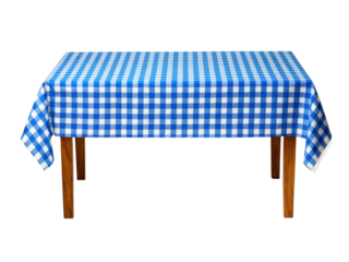 A blue and white checkered tablecloth is laid out on a white background