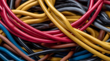 Abstract background of a tangled mass of multicolored electrical wires and cables