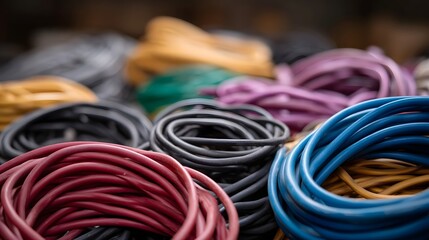 A colorful collection of coiled electrical wires and cables creates a textured background