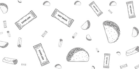 Hand-drawn Mexican food and hot sauce packets seamless pattern background