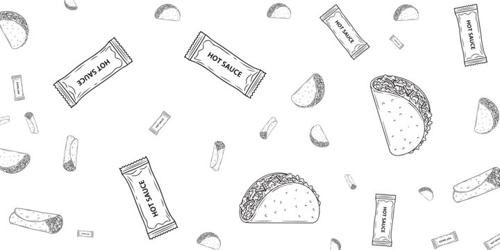 Hand-drawn Mexican food and hot sauce packets seamless pattern background
