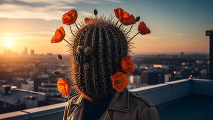 Surreal Urban Portrait of a Cactus Figure with Orange Flowers at Sunset Symbolizing Resilience, Identity, and Nature in the City