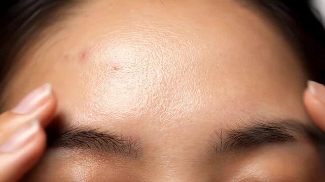 Extreme close-up of human forehead skin with eyebrows and a single blemish