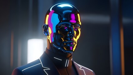 Futuristic Human colored Sculpture with Smooth Metallic Texture and Dynamic Color Reflections and Sci-Fi Digital Art Style