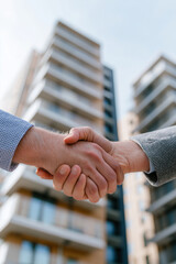 architects shaking hands background of modern apartment building 