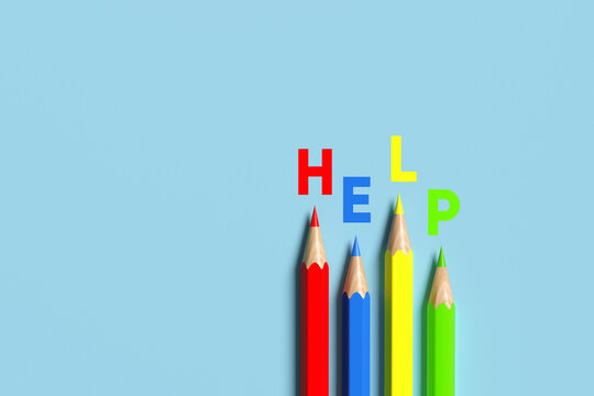 Four colored pencils forming the word help
