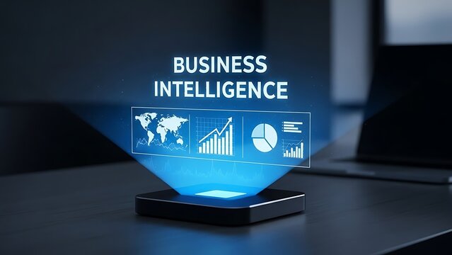 Business Intelligence Hologram Projecting Data, Analytics, and Global Reach