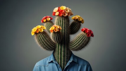 Surreal Conceptual Portrait of a Human Figure with Flowering Cactus Head, Colorful Desert Blooms and Minimalist Studio Background