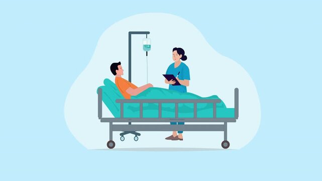 Medical Care concept animaton, Patient in Hospital Bed being attended by Nurse