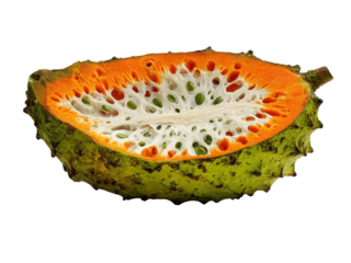 A green fruit with a white center and orange spots