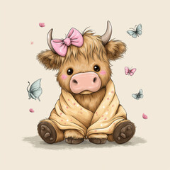 cute baby highland cow with a pink bow on its head, sitting and wearing a soft blanket, with butterflies around it, a clipart illustration in pastel colors on a white background.