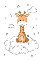 cute baby giraffe sitting on clouds, surrounded by stars, simple drawing style, white background, cartoon style, 