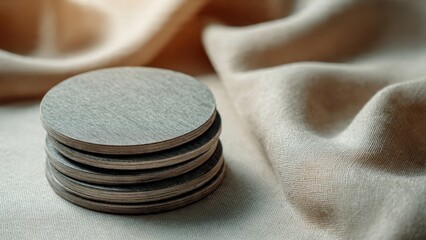Stack of wooden coasters on fabric background