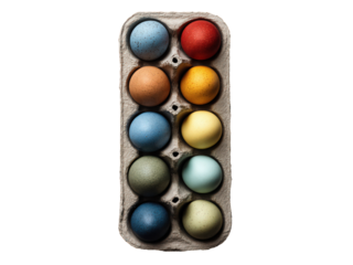 A dozen eggs are in a carton, each one a different color