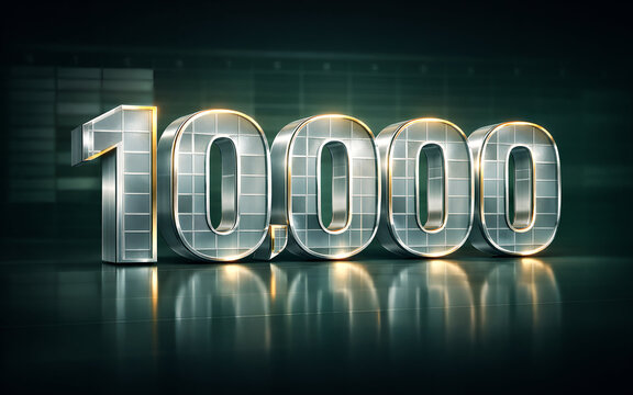 The image shows metallic 3D numbers "10,000" glowing with soft light, set against a dark, reflective background, conveying a modern, futuristic feel.