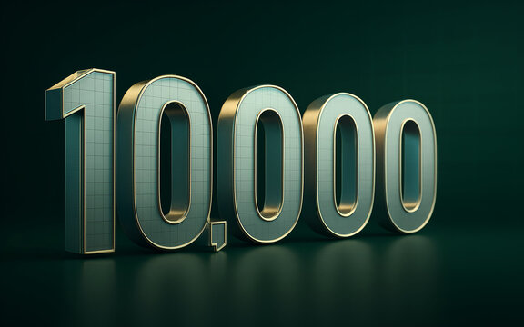 Bold 3D numbers "10,000" with a reflective, metallic surface, glow with warm light.