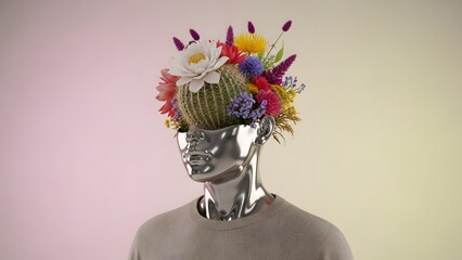 Surreal Conceptual Portrait of a Metallic Human Head with Floral and Cactus Arrangement Representing Creativity and Growth