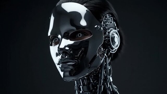 A sleek, chrome android face with dark hair and visible mechanical neck