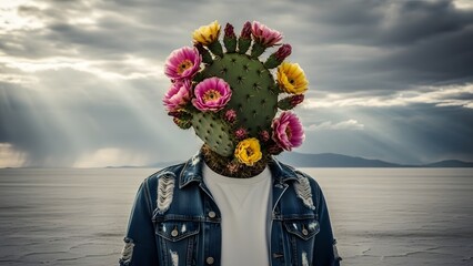 Surreal Portrait of a Flowering Cactus Figure by a Desert Lake Under Dramatic Sky Symbolizing Growth, Identity, and Resilience
