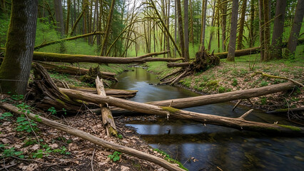 Scenic Oregon Forest Creek Landscape with Fallen Debris, Logs, and Flowing Stream in Lush Woodland Wilderness