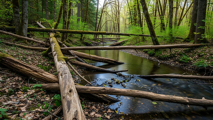 Scenic Oregon Forest Creek Landscape with Fallen Debris, Logs, and Flowing Stream in Lush Woodland Wilderness