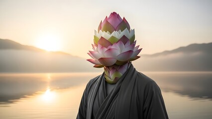 Surreal Conceptual Portrait of a Human Figure with Lotus Flower Head at Sunrise by a Calm Lake