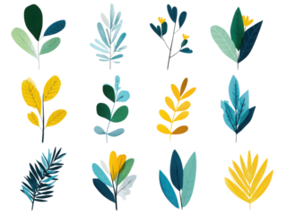 A set of 12 different types of leaves, including palm leaves