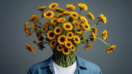 Surreal Conceptual Portrait of a Human Figure with Sunflower Bouquet Head, Botanical Transformation and Minimalist Studio Background