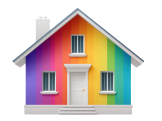 A colorful house with rainbow stripes on the walls