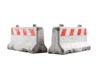 Two large concrete barriers with red and white stripes