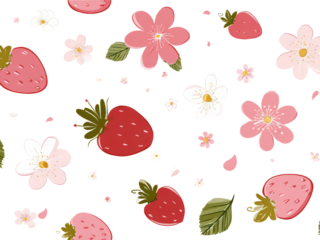 A pattern of strawberries and flowers is drawn in pink
