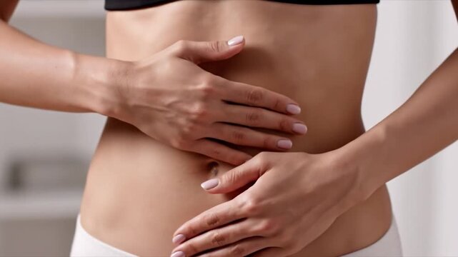 Hands gently touch a smooth, toned abdomen, highlighting the navel