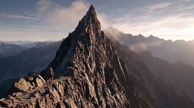 Peak of Exploration: A solitary figure ventures towards a majestic mountain peak, symbolizing the relentless pursuit of discovery and the allure of overcoming monumental challenges.